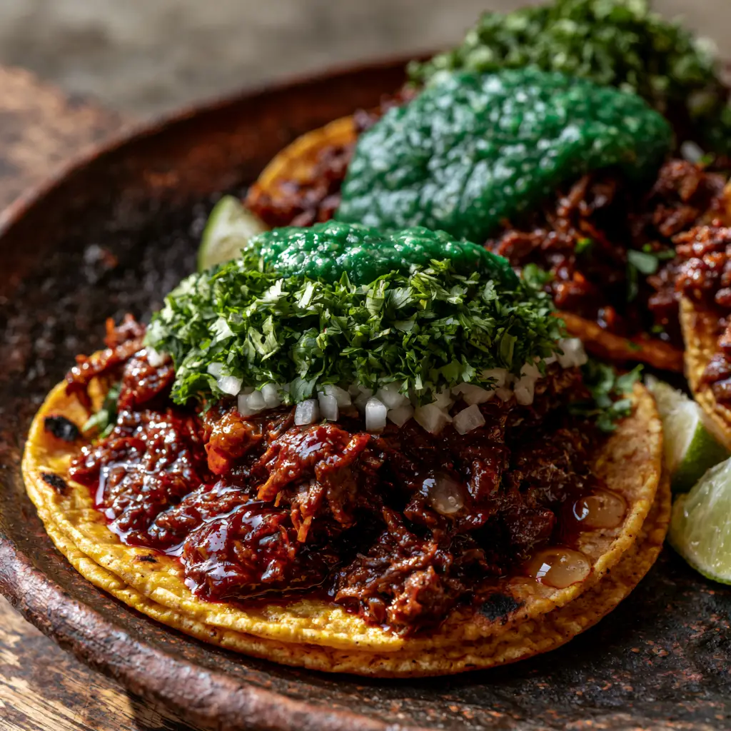 Street tacos topped with finely minced white onions and bright forest-green cilantro with lime juice droplets.