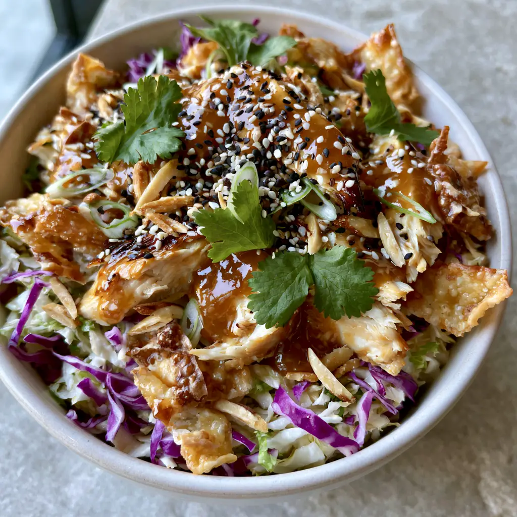 Chinois Chicken Salad with Ginger Sesame Dressing and Crispy Wontons 2 Gourmet Chinois Chicken Salad with purple cabbage slivers and toasted slivered almonds on a neutral stone background.