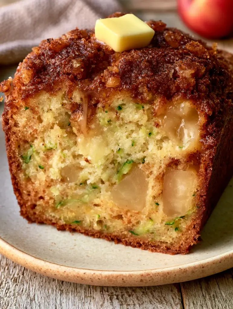 Apple Cinnamon Zucchini Bread with Caramelized Cinnamon Sugar Crust 2 Macro shot of the pale gold crumb and green zucchini flecks in Apple cinnamon zucchini bread.