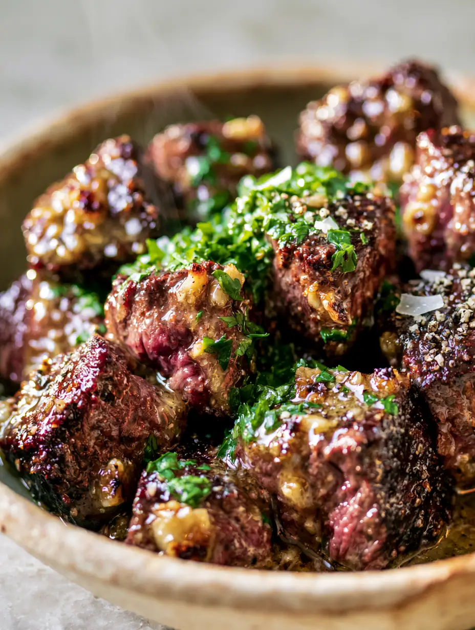 Steak Dinner Ideas: Glistening Garlic Butter Sirloin Steak Bites 3 Extreme close-up of glistening garlic butter steak bites with toasted garlic and pink medium-rare centers. (steak dinner ideas)