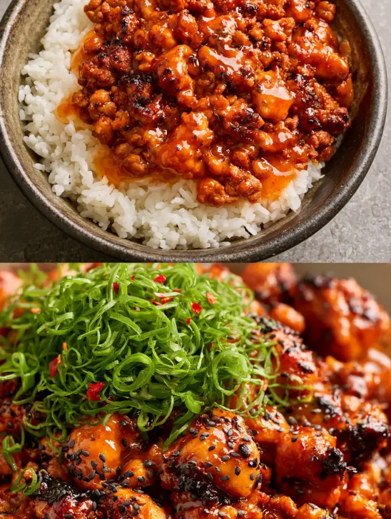 Extreme close-up macro shot of Firecracker Ground Chicken showing a sticky honey-like glaze and charred crispy edges.