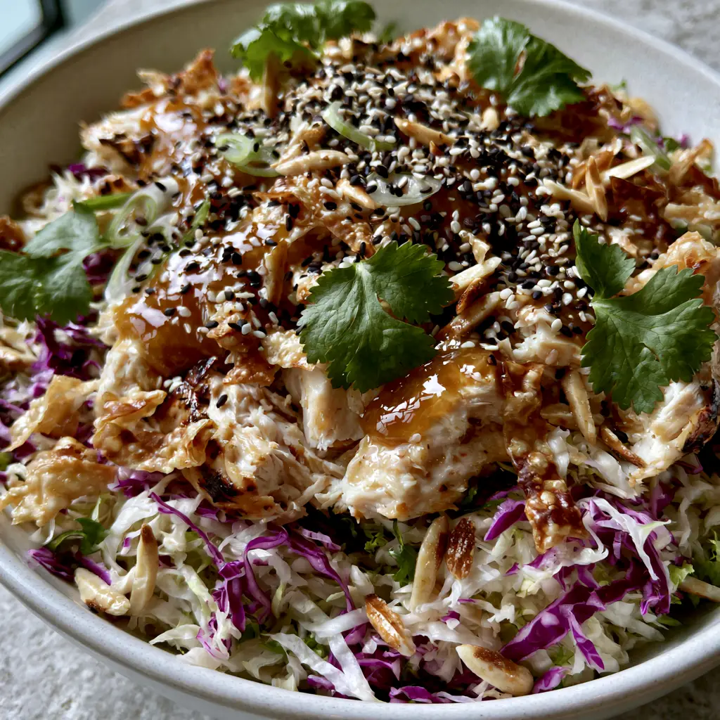 Chinois Chicken Salad with Ginger Sesame Dressing and Crispy Wontons 1 High-quality smartphone photo of Chinois Chicken Salad drizzled with thick ginger sesame dressing.