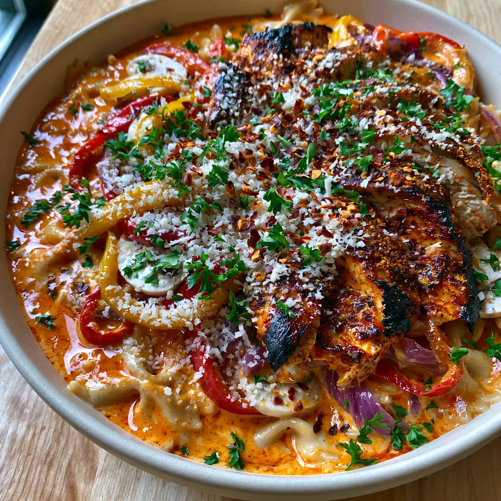 Cheesecake Factory Cajun Creamy Pasta: The Ultimate Louisiana Copycat 1 Vibrant orange Cajun cream sauce being tossed with bowtie pasta and bell peppers.