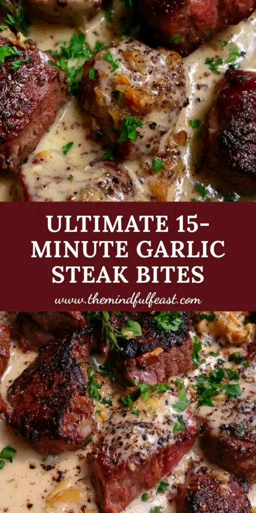 Steak with Garlic Cream Sauce: The Ultimate Skillet Ribeye Bites 4 A rustic cast iron skillet filled with caramelized ribeye steak bites drenched in a thick, velvety ivory garlic cream sauce, garnished with parsley and thyme. (Steak with Garlic Cream Sauce)
