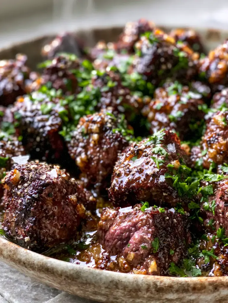 Steak Dinner Ideas: Glistening Garlic Butter Sirloin Steak Bites 1 Close-up photo of steak cubes coated in glossy golden garlic butter sauce and bright green parsley. (steak dinner ideas)