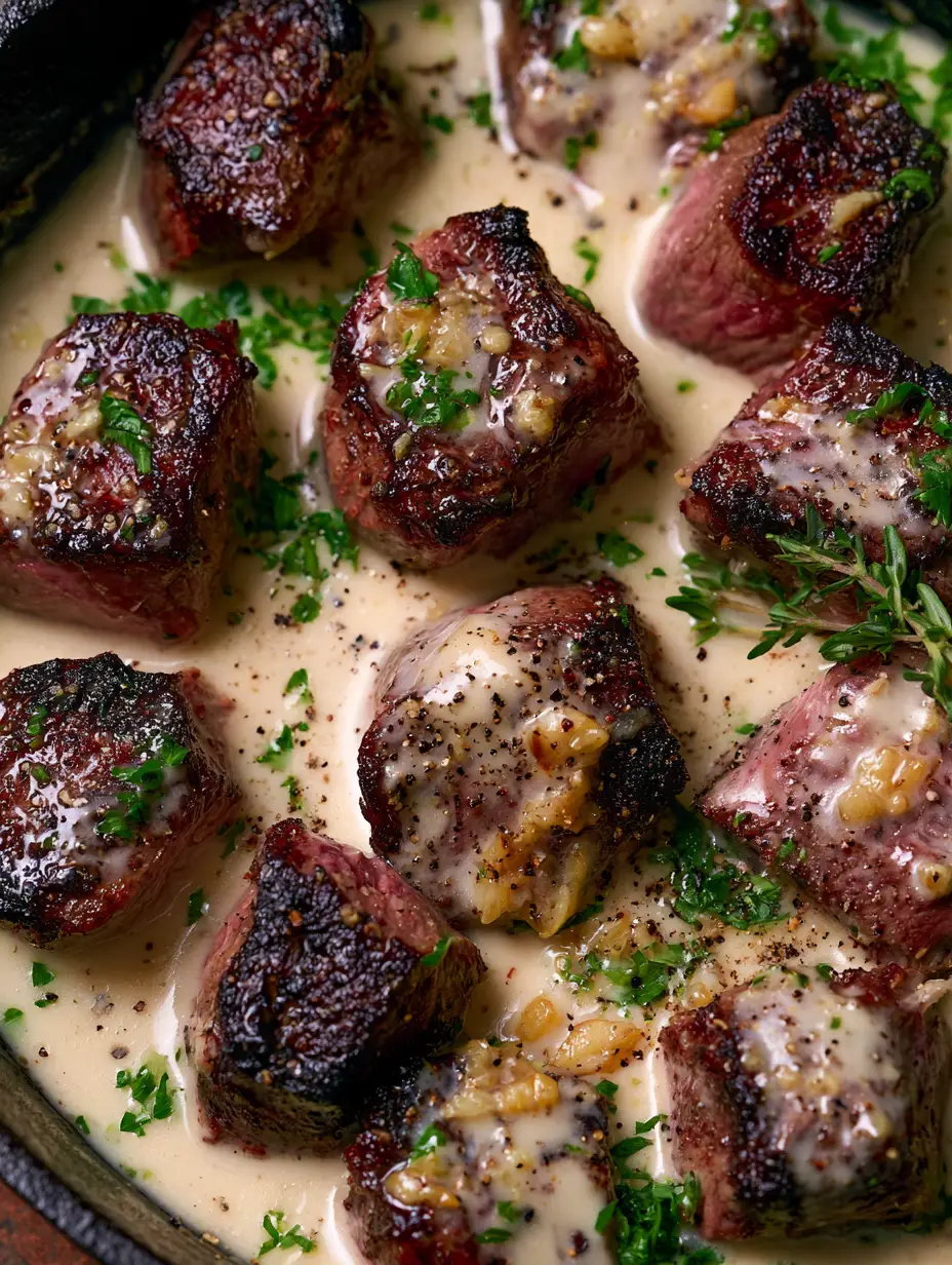 Steak with Garlic Cream Sauce: The Ultimate Skillet Ribeye Bites 3 Extreme macro close up of tender ribeye steak bites with a dark crispy sear and reddish-pink centers, drenched in glistening ivory garlic cream sauce. (Steak with Garlic Cream Sauce)