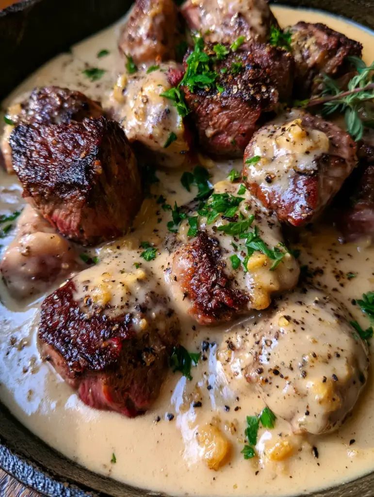 Steak with Garlic Cream Sauce: The Ultimate Skillet Ribeye Bites 1 A close up view of golden sautéed garlic and cracked black pepper on top of creamy steak bites in a dark skillet.