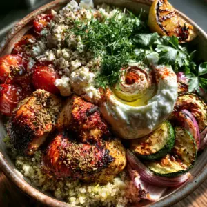 Top-down view of seared chicken breast chunks with oregano char and lemon quinoa. (Greek foods)