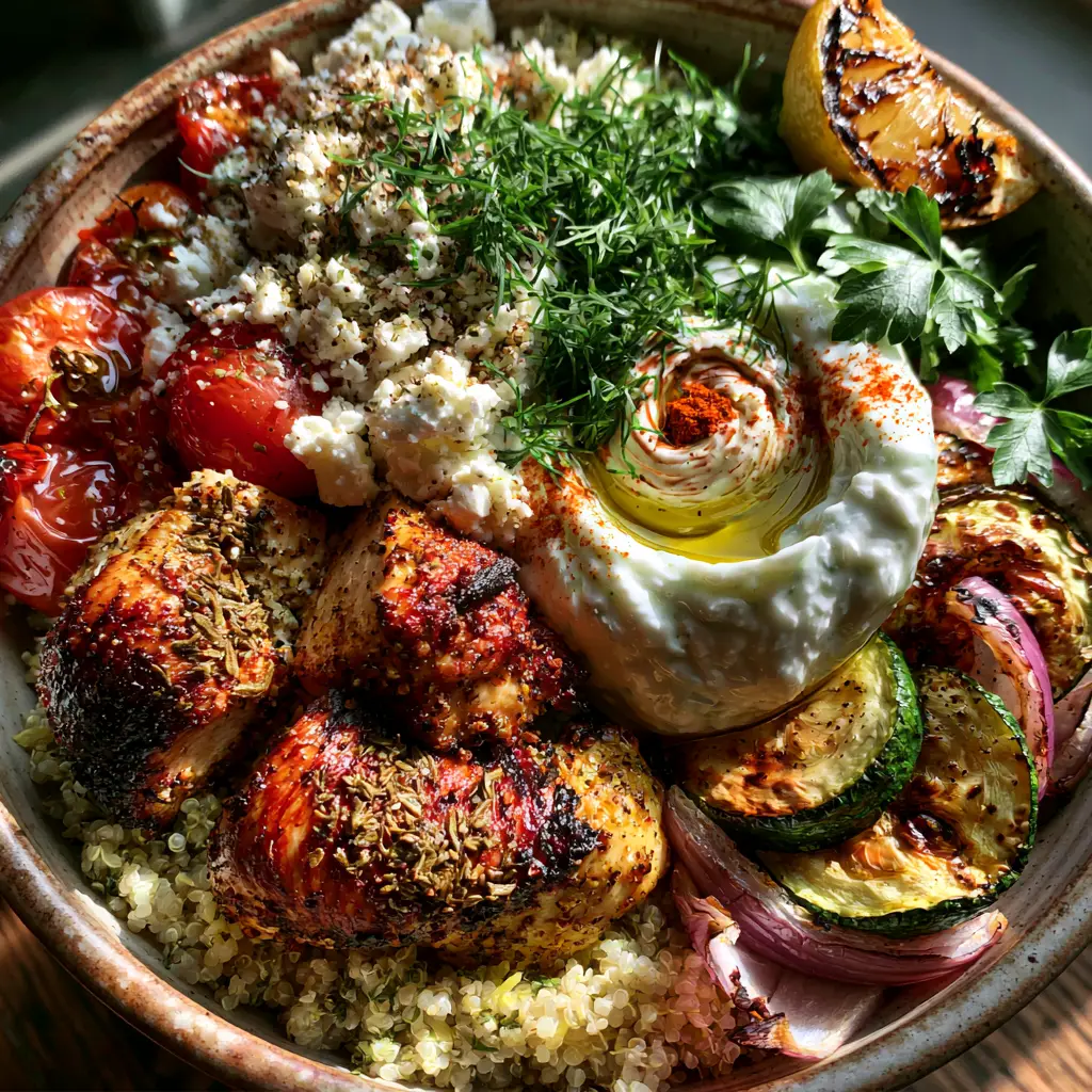 Greek Foods: The Ultimate Mediterranean Chicken and Lemon Quinoa Bowl 2 Top-down view of seared chicken breast chunks with oregano char and lemon quinoa. (Greek foods)