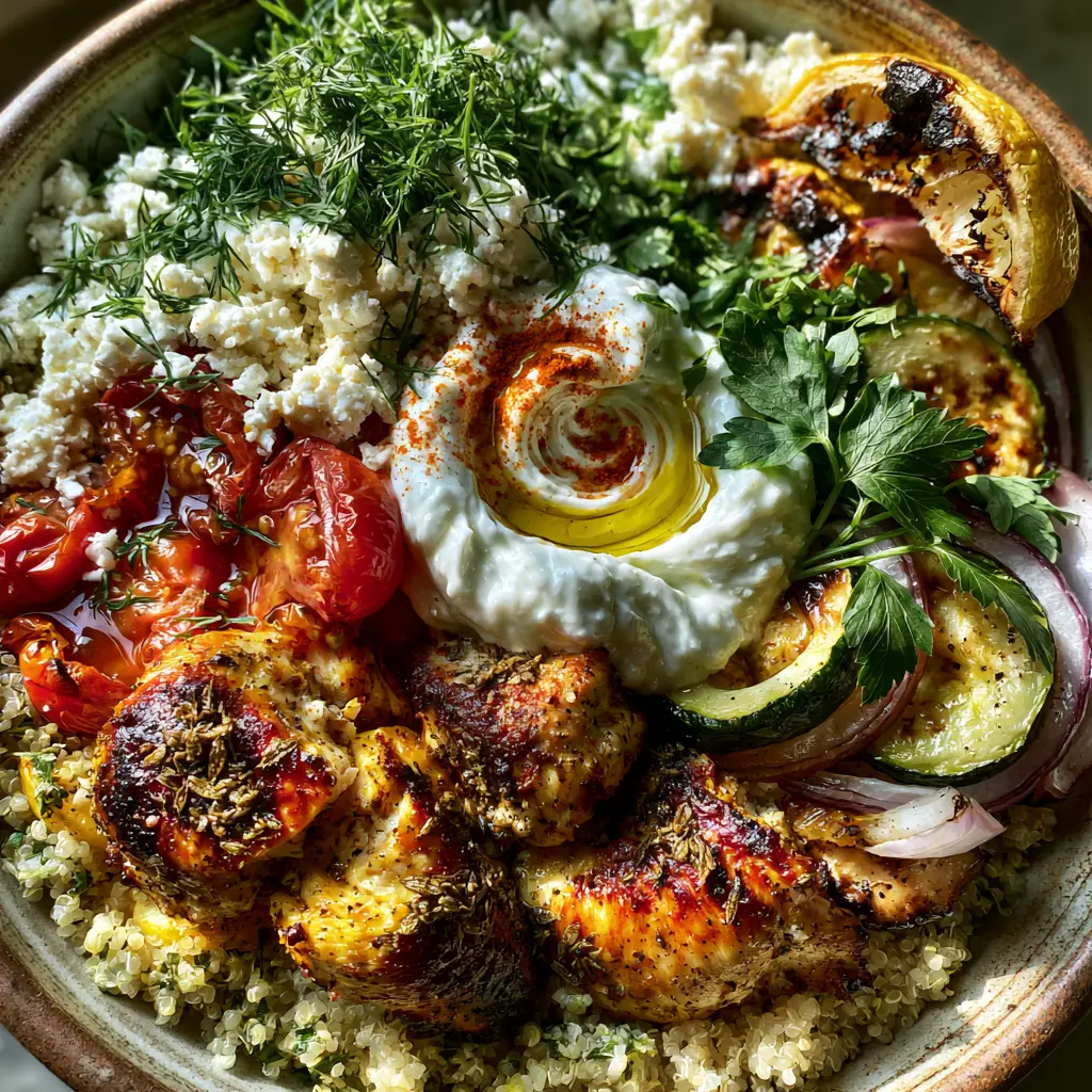Greek Foods: The Ultimate Mediterranean Chicken and Lemon Quinoa Bowl 1 Close-up of thick creamy tzatziki with EVOO drizzle and crumbled feta on a Greek bowl. (Greek foods)