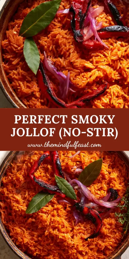 A high-angle top-down view of a rustic cast iron Dutch oven filled with vibrant Jollof Rice recipe, featuring blistered peppers and fresh thyme sprigs.
