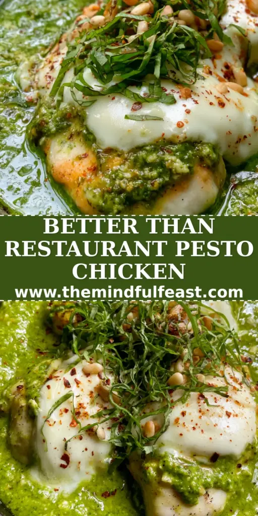 Pesto Chicken Recipe: Creamy Skillet Chicken with Melted Mozzarella 3 A close-up of the Pesto Chicken Recipe in a cast iron skillet with bubbling mozzarella and fresh basil ribbons.