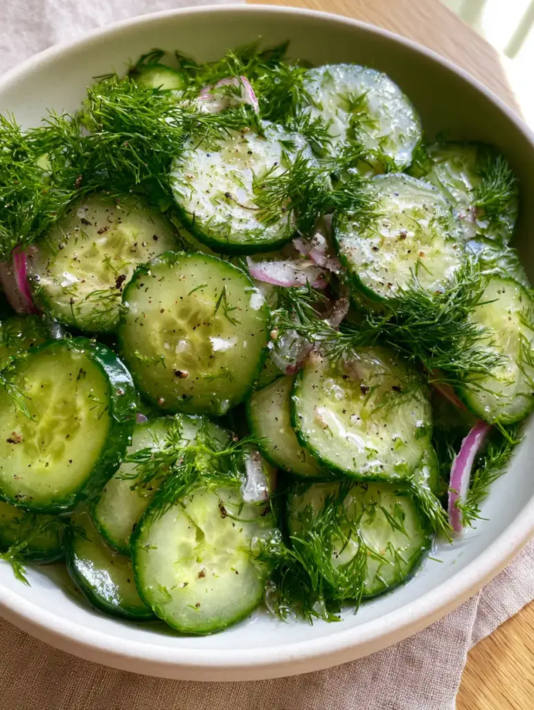 Dill Cucumber Salad with Paper-Thin English Cucumbers and Fresh Dill 2 High-angle close-up of translucent English cucumber rounds with fresh dill and red onion slivers. (dill cucumber salad)