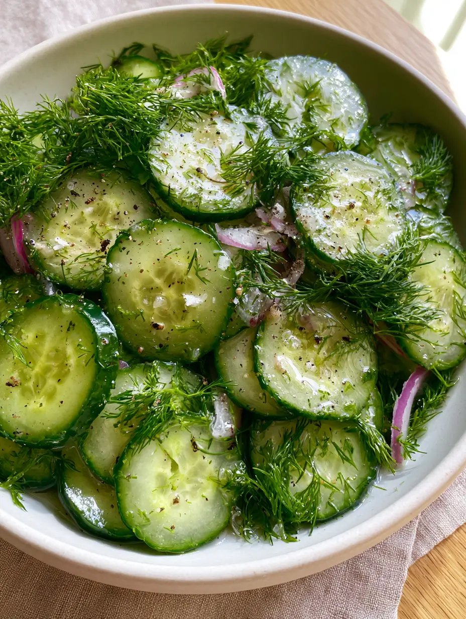 Dill Cucumber Salad with Paper-Thin English Cucumbers and Fresh Dill 3 High-angle close-up of translucent English cucumber rounds with fresh dill and red onion slivers. (dill cucumber salad)