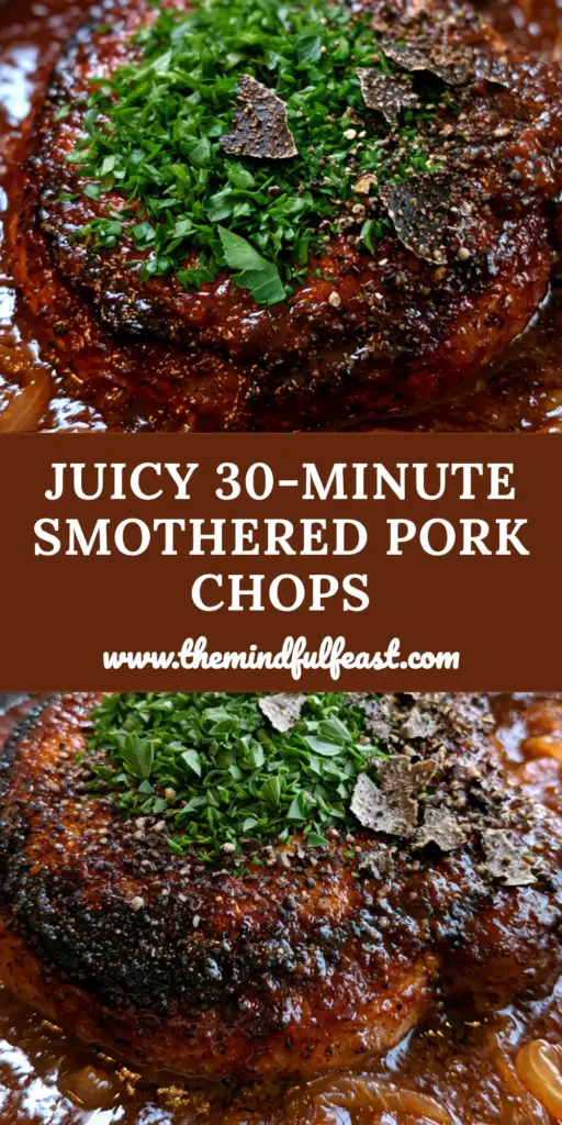 Smothered Pork Chops Recipe with Mahogany Onion Gravy 4 A handheld smartphone photo of a thick bone-in pork chop in a matte black skillet with mahogany gravy and caramelized onions. (smothered pork chops recipe)