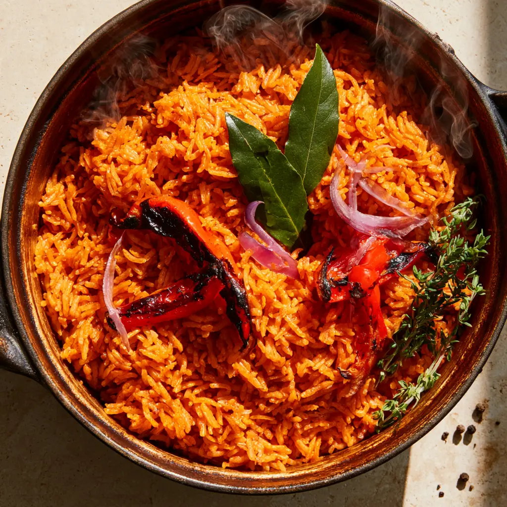 High-angle view of Jollof Rice recipe topped with charred red bell pepper strips and softened red onion rings.