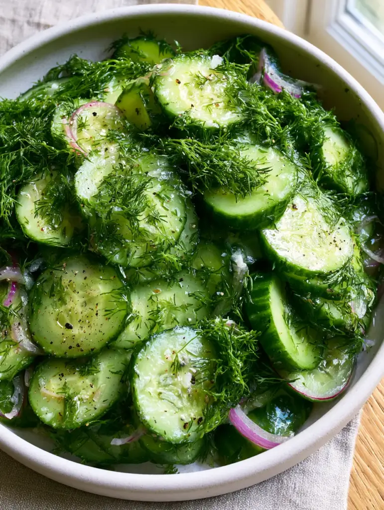 Dill Cucumber Salad with Paper-Thin English Cucumbers and Fresh Dill 1 A close-up of a dill cucumber salad highlighting the violet red onions and flaky sea salt. (dill cucumber salad)