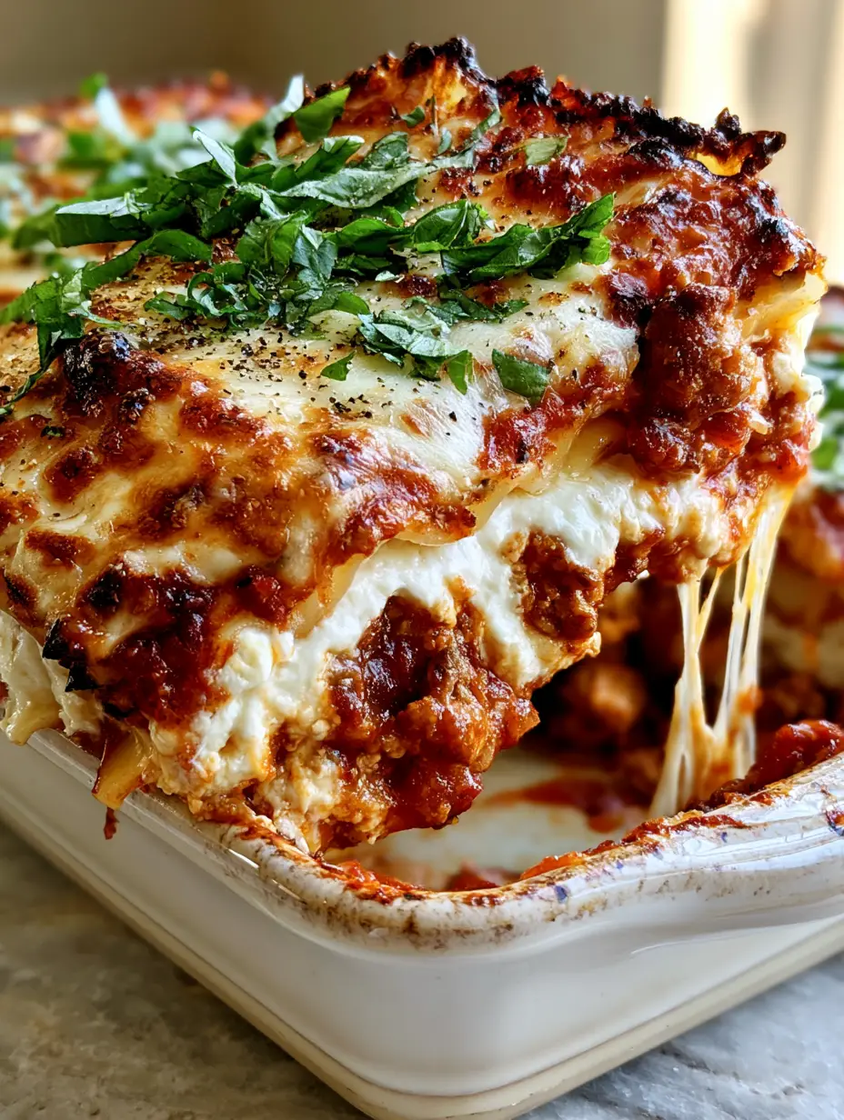 Macro shot showing distinct layers of no-boil noodles, cottage cheese mixture, and chunky marinara in a Quick & Easy Lasagna.