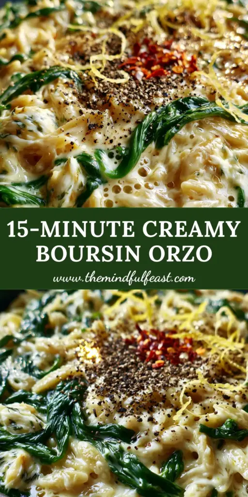 A shallow matte black ceramic pan filled with creamy Boursin orzo garnished with spinach and lemon zest. (Boursin orzo)