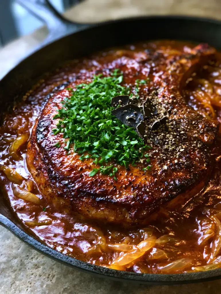 Smothered Pork Chops Recipe with Mahogany Onion Gravy 2 Close-up of a seared pork chop crust submerged in dark brown mahogany gravy with translucent onions. (smothered pork chops recipe)