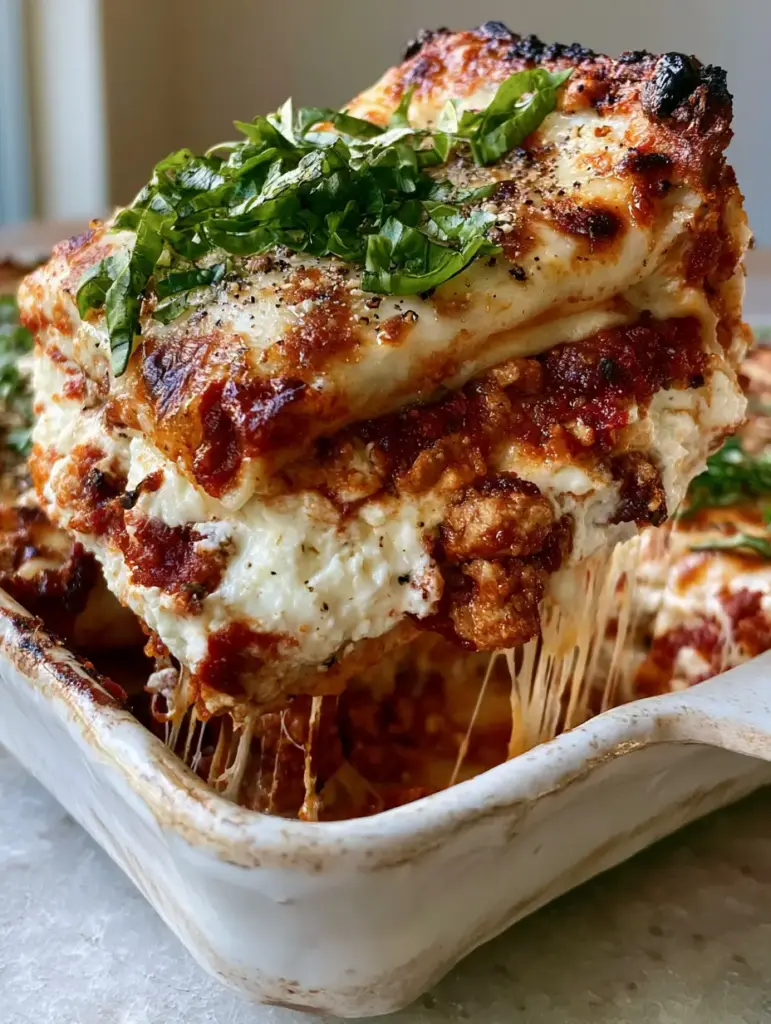 Overhead view of a toasted golden-brown mozzarella crust on top of a Quick & Easy Lasagna with basil garnish.
