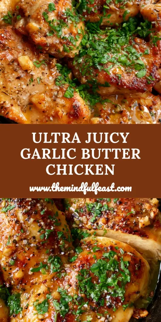 Flavorful Chicken with Shimmering Garlic Butter and Toasted Garlic 3 A close-up shot of Flavorful chicken slices in a cast iron skillet with shimmering garlic butter and green parsley.