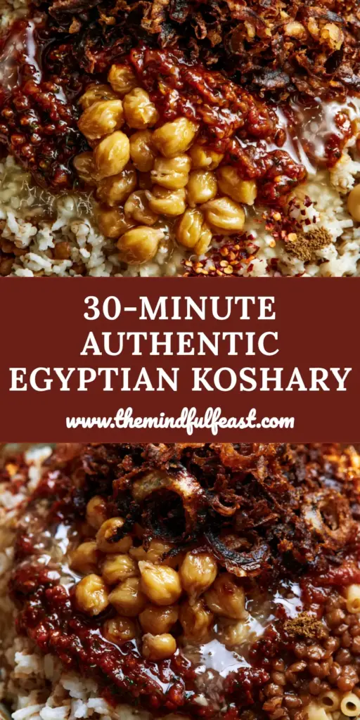 A rustic bowl of Egyptian Koshary with glossy red sauce and dark golden onion curls. (Egyptian recipes)