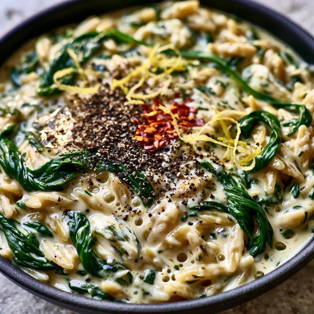 Close up of melting white cheese clumps and emerald spinach in the Boursin orzo.