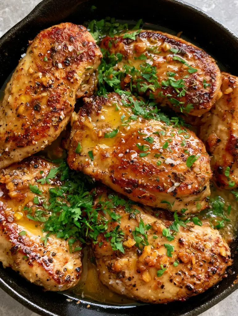 Flavorful Chicken with Shimmering Garlic Butter and Toasted Garlic 1 Close-up of toasted minced garlic and parsley on seared Flavorful chicken slices.