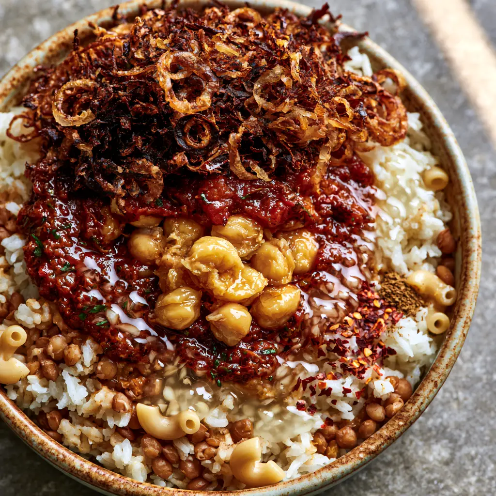 Close-up of thick spiced tomato sauce and buttery chickpeas on Koshary. (Egyptian recipes)