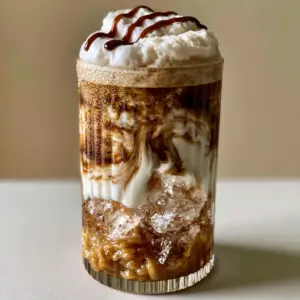 Close-up handheld photo of a ribbed glass filled with crystal clear ice, milk, and Nespresso coffee layers. (Nespresso coffee recipes)