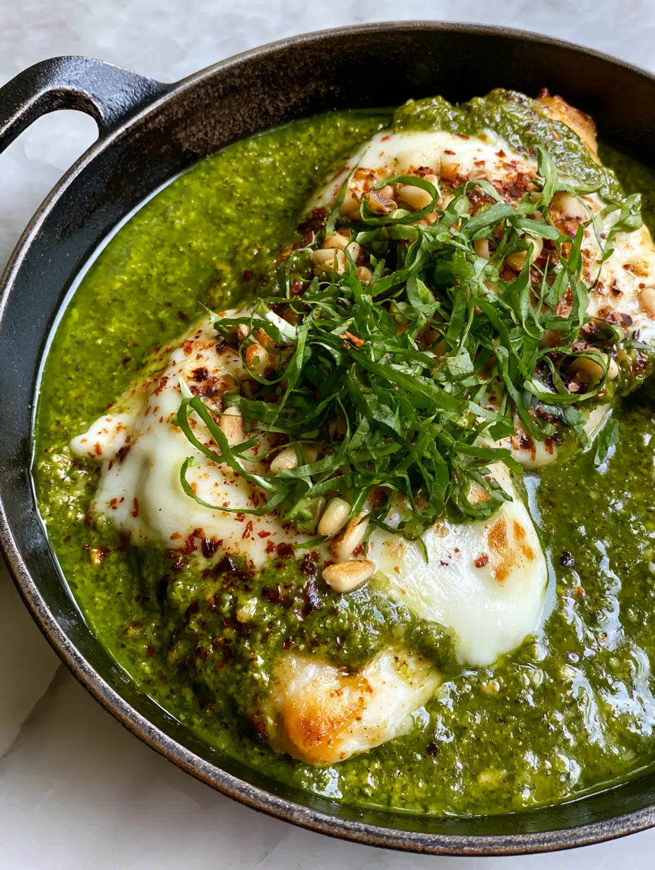 Pesto Chicken Recipe: Creamy Skillet Chicken with Melted Mozzarella 4 Pan-seared chicken breast in a creamy emerald pesto sauce with mozzarella. (Pesto Chicken Recipe)