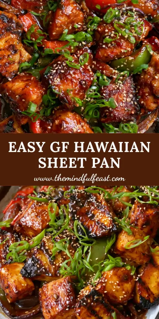 Gluten-free Hawaiian Chicken: The Ultimate Sticky Sheet Pan Dinner 4 A rustic dark metal sheet pan filled with Gluten-free Hawaiian Chicken, seared chicken chunks, charred pineapple wedges, and vibrant peppers garnished with sesame seeds.