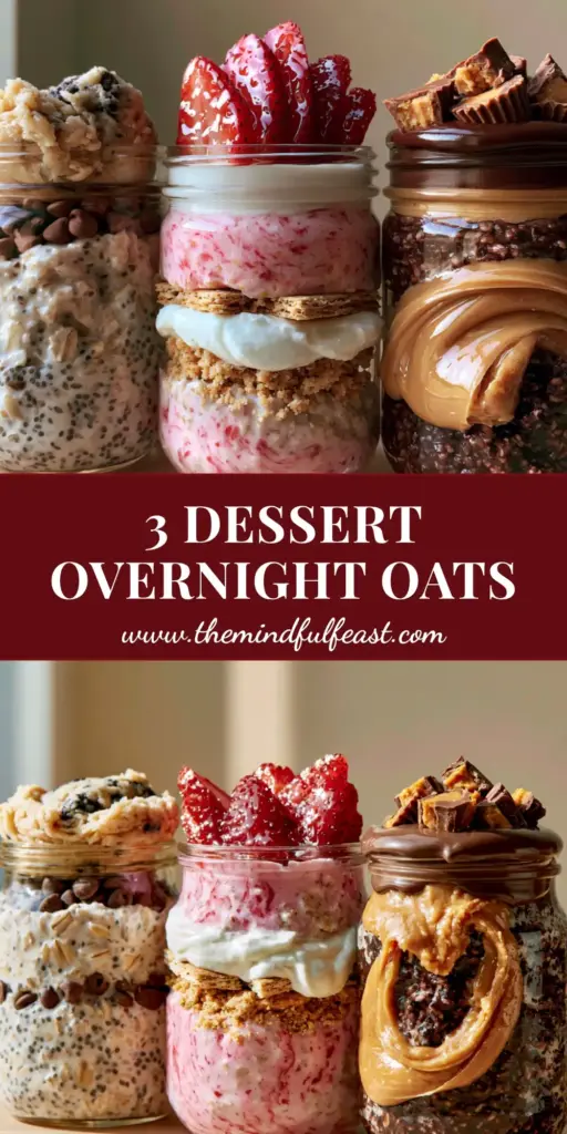 Overnight Oats Recipes: Three Gourmet Dessert-Inspired Jars for the Ultimate Morning Treat 4 Three gourmet wide-mouth jars featuring cookie dough, strawberry, and peanut butter chocolate overnight oats recipes.