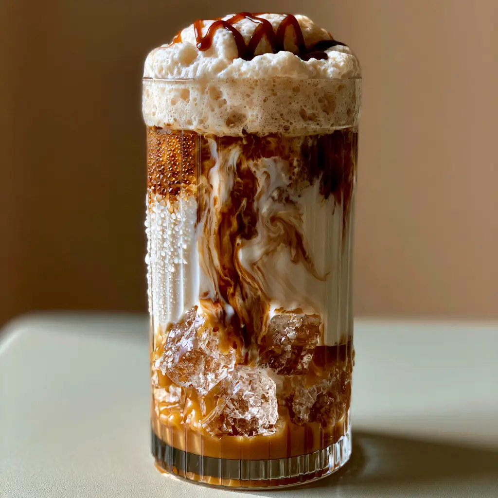 Nespresso Coffee Recipes: The Ultimate Layered Iced Caramel Macchiato 1 Detailed view of thick microfoam topped with a dark caramel zigzag drizzle on a Nespresso coffee drink.