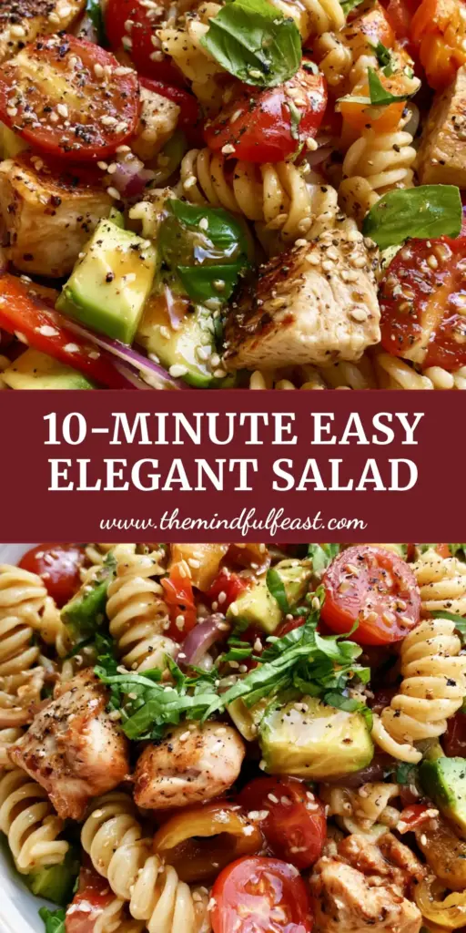 Black Tie Wedding Pasta Salad with Golden Seared Chicken 4 A premium rotini pasta salad with seared chicken and avocado in a ceramic bowl. (Black Tie Wedding)