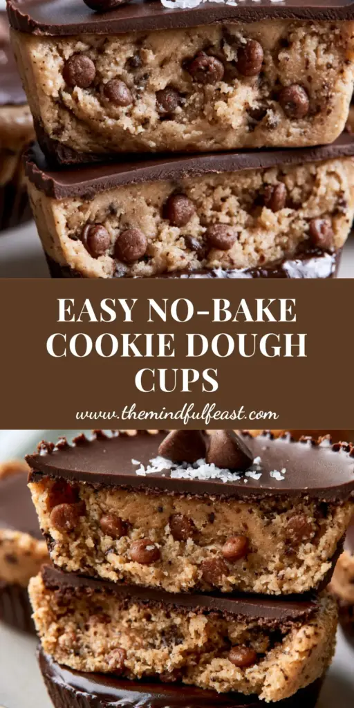 A close-up shot of gourmet chocolate chip cookie dough cups showing distinct layers of dark chocolate and mini chip-studded dough on a ceramic plate.