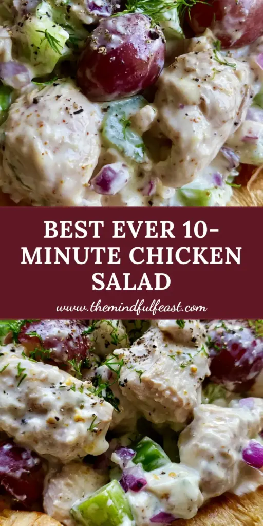 Classic Chicken Salad with Grapes and Fresh Dill on Flaky Croissants 4 A close-up shot of a golden buttery croissant overflowing with chunky classic chicken salad, featuring red grapes, celery, and fresh dill garnish.