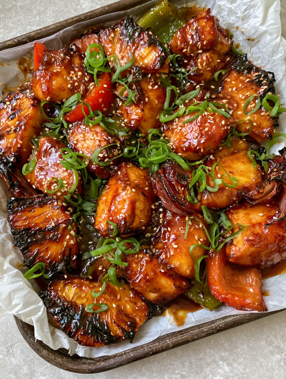 Gluten-free Hawaiian Chicken: The Ultimate Sticky Sheet Pan Dinner 3 Succulent chunks of seared chicken breast drenched in a thick, glossy dark amber teriyaki glaze on wrinkled parchment paper. (Gluten-free Hawaiian Chicken)