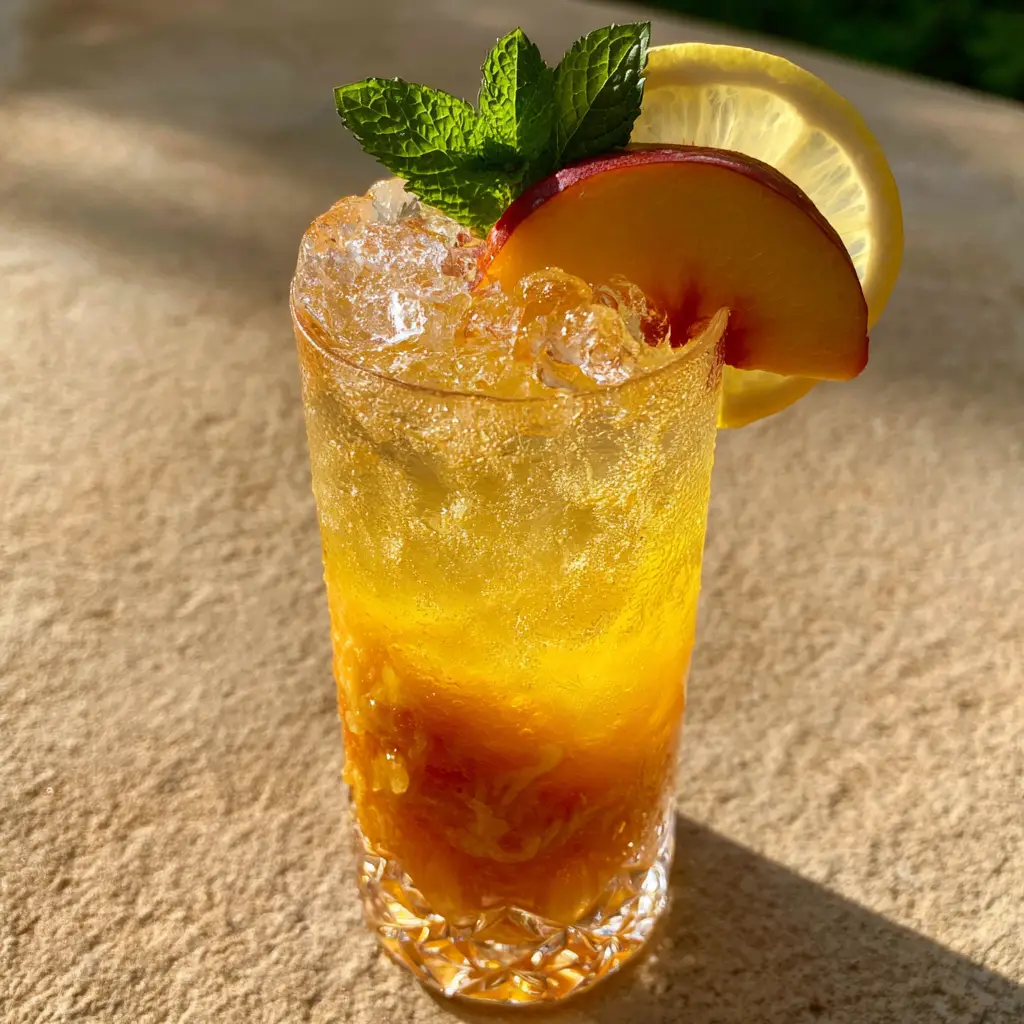 Beach Peach Lemonade Cocktail: The Ultimate Golden Hour Sipper 2 Close-up of a condensation-covered crystal glass filled with a layered orange and yellow Peach Lemonade Cocktail on a sandy stone surface.