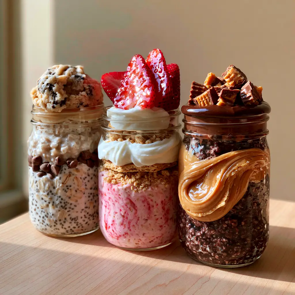 Overnight Oats Recipes: Three Gourmet Dessert-Inspired Jars for the Ultimate Morning Treat 2 Wide mouth glass jars with cookie dough, strawberry shortcake, and peanut butter chocolate overnight oats recipes.
