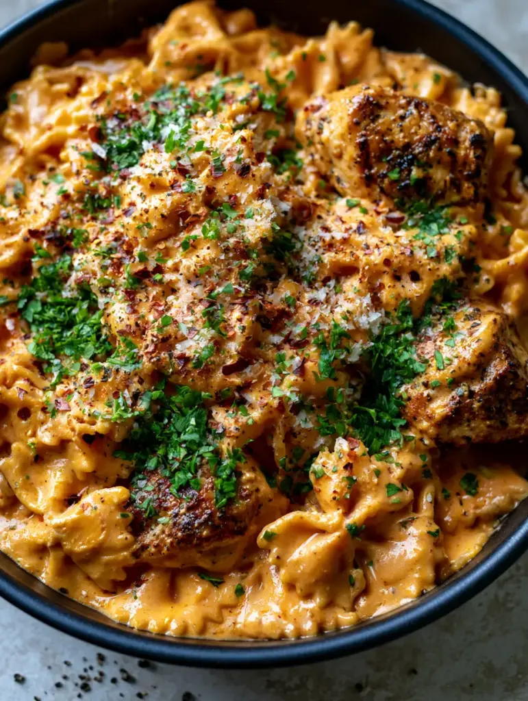 Cajun Chicken Bowtie Pasta with Creamy Blackened Sauce 2 Close-up of golden-brown seared chicken and bowtie pasta coated in glossy orange Cajun cream sauce.