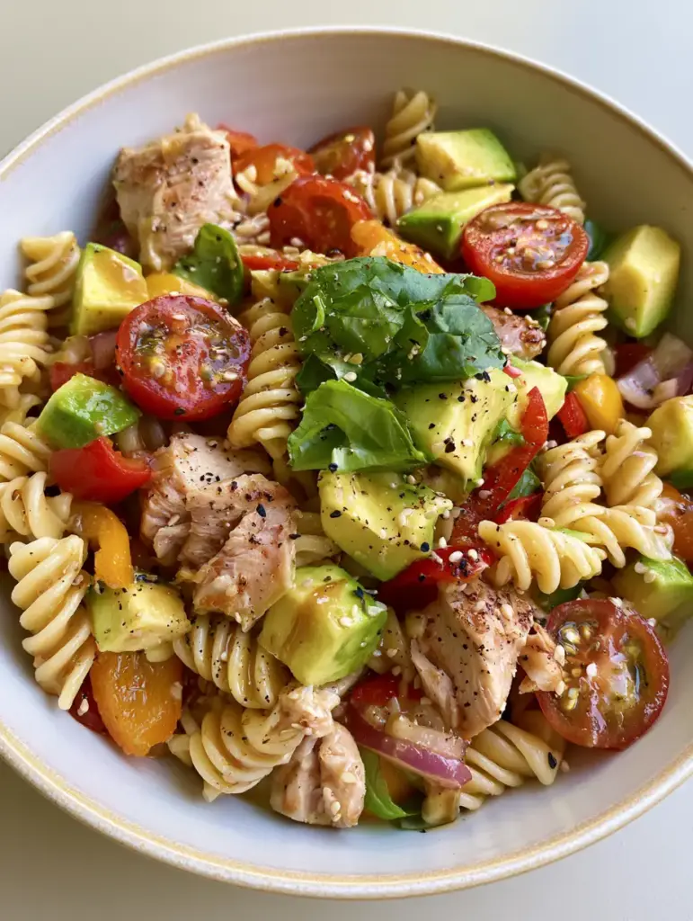 Black Tie Wedding Pasta Salad with Golden Seared Chicken 2 Close up of glossy rotini pasta salad with seared chicken and fresh basil. (Black Tie Wedding)