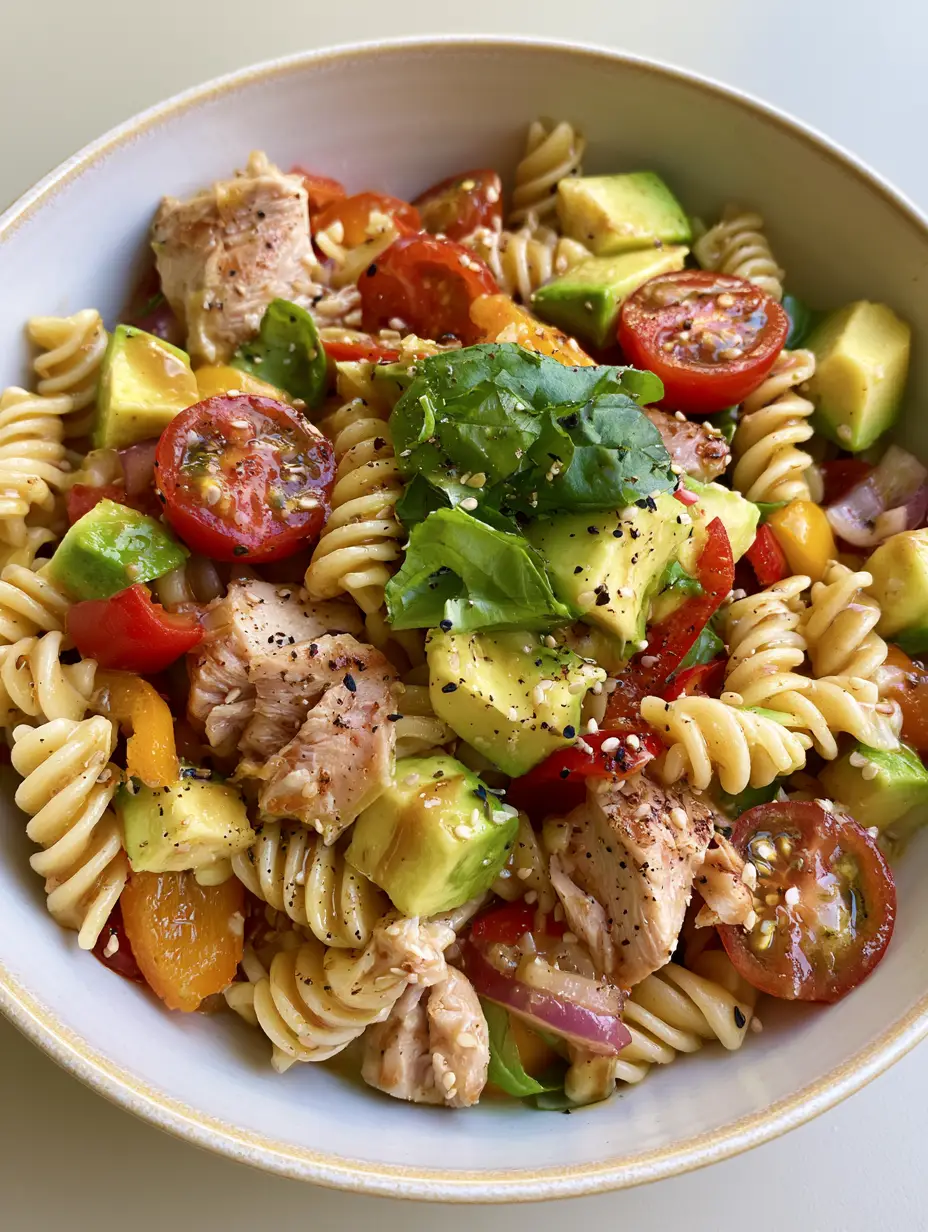 Black Tie Wedding Pasta Salad with Golden Seared Chicken 3 Close up of glossy rotini pasta salad with seared chicken and fresh basil. (Black Tie Wedding)