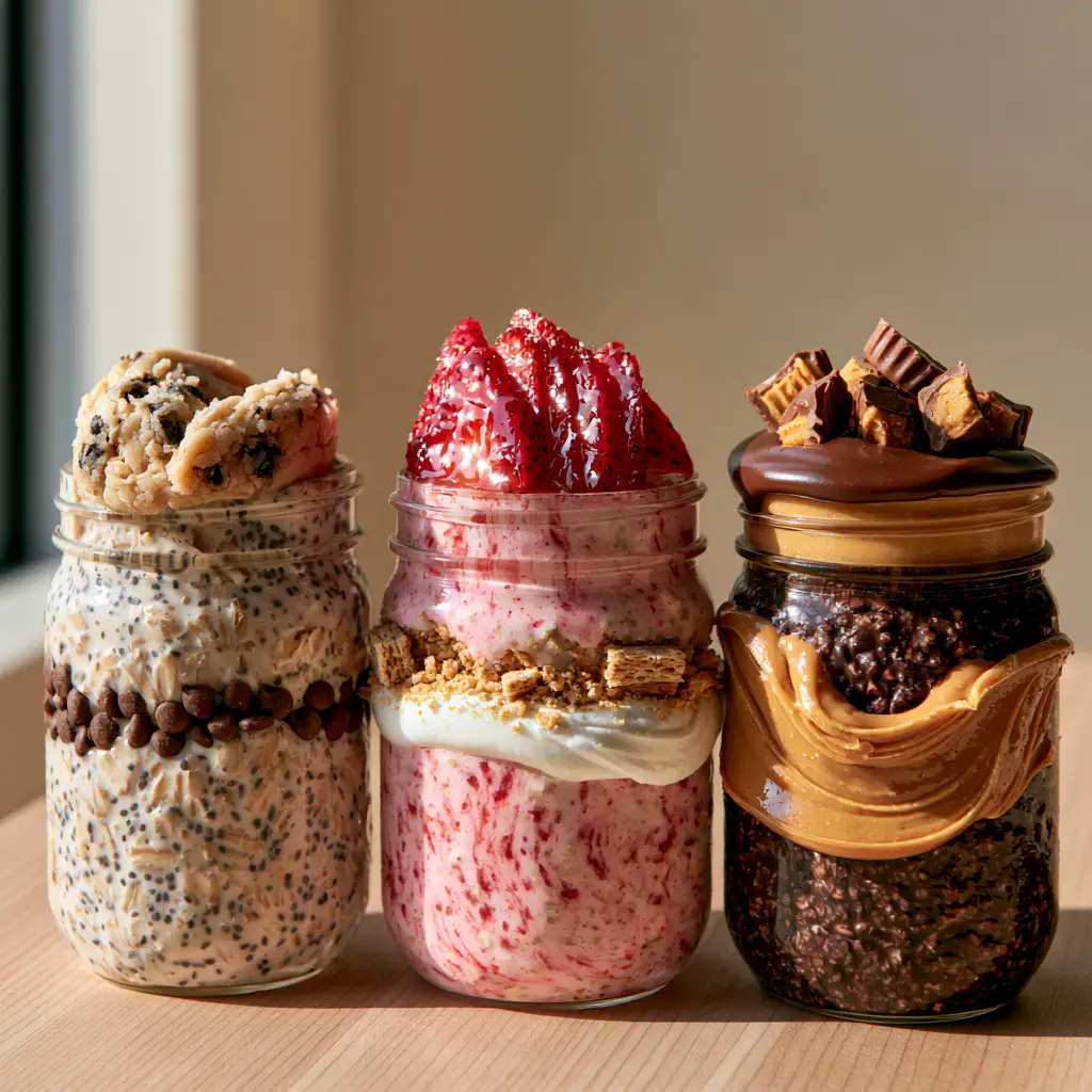 Overnight Oats Recipes: Three Gourmet Dessert-Inspired Jars for the Ultimate Morning Treat 1 Close-up of chocolate ganache and strawberry layers in gourmet overnight oats recipes.