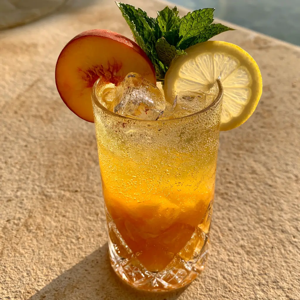 Beach Peach Lemonade Cocktail: The Ultimate Golden Hour Sipper 1 Square ice cubes and fresh peach garnish inside a bright yellow sparkling lemonade with orange puree swirls.