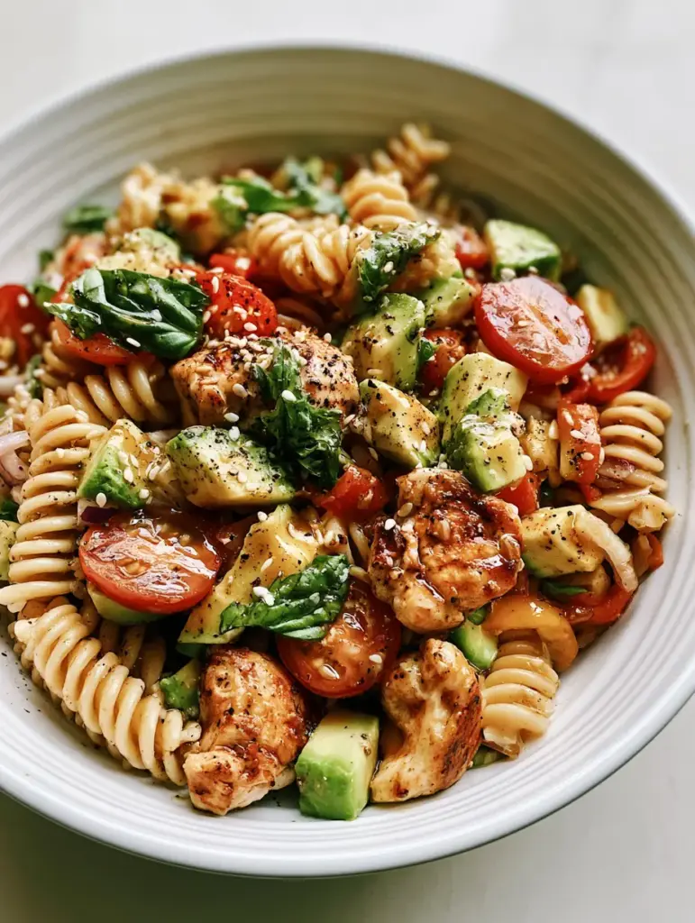 Black Tie Wedding Pasta Salad with Golden Seared Chicken 1 Overhead view of a minimalist ceramic bowl filled with colorful pasta salad including mini peppers and avocado.