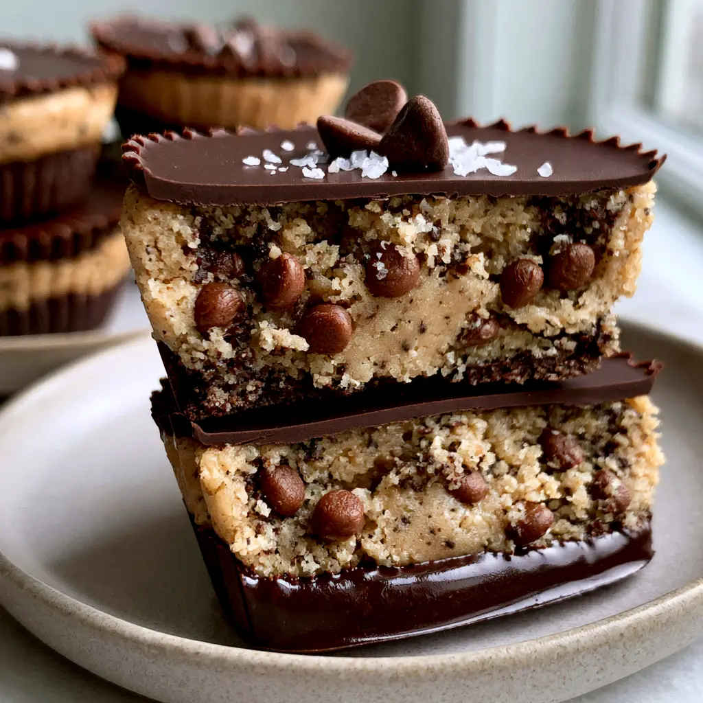 A macro shot of the textured egg-free cookie dough inside a dark chocolate cup sprinkled with sea salt.