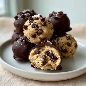 Handheld photo of a sliced cookie dough truffle revealing the soft center and mini chips. (cookie dough truffles)