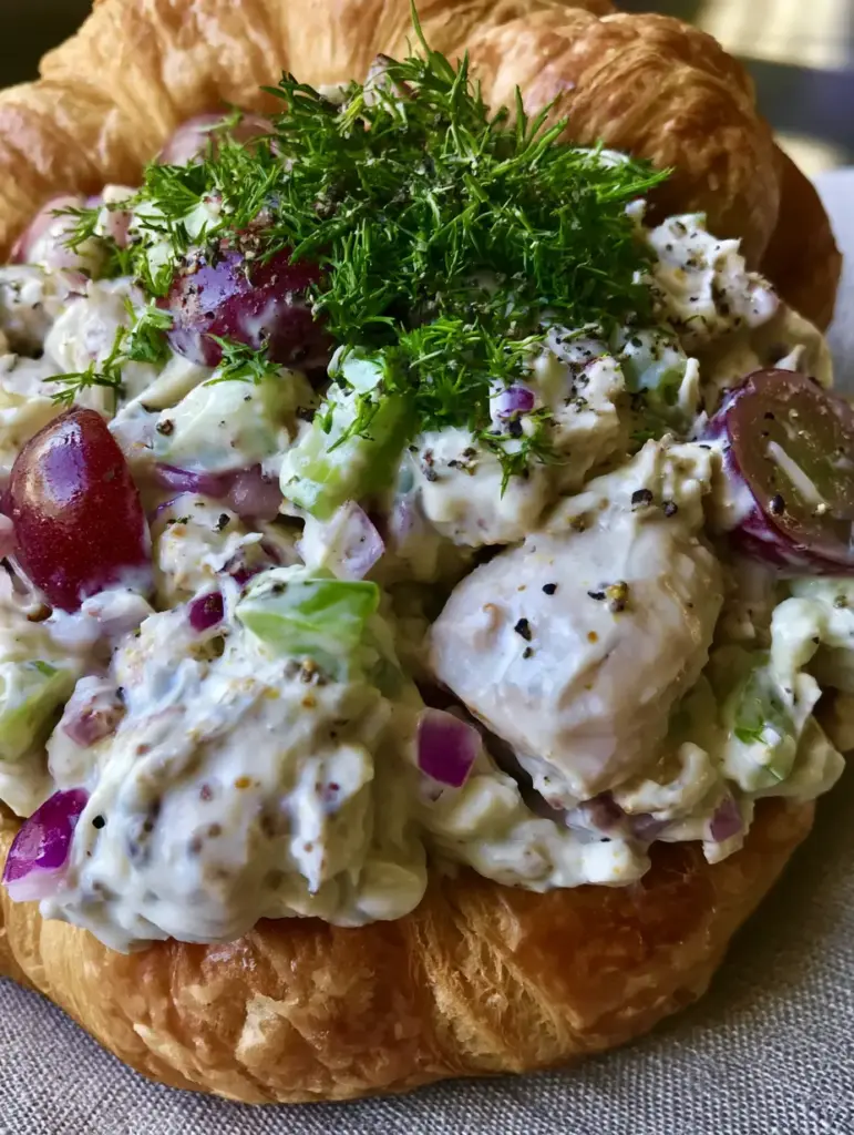 Classic Chicken Salad with Grapes and Fresh Dill on Flaky Croissants 1 A handheld shot of a messy, delicious classic chicken salad sandwich on a linen napkin background with natural lighting.